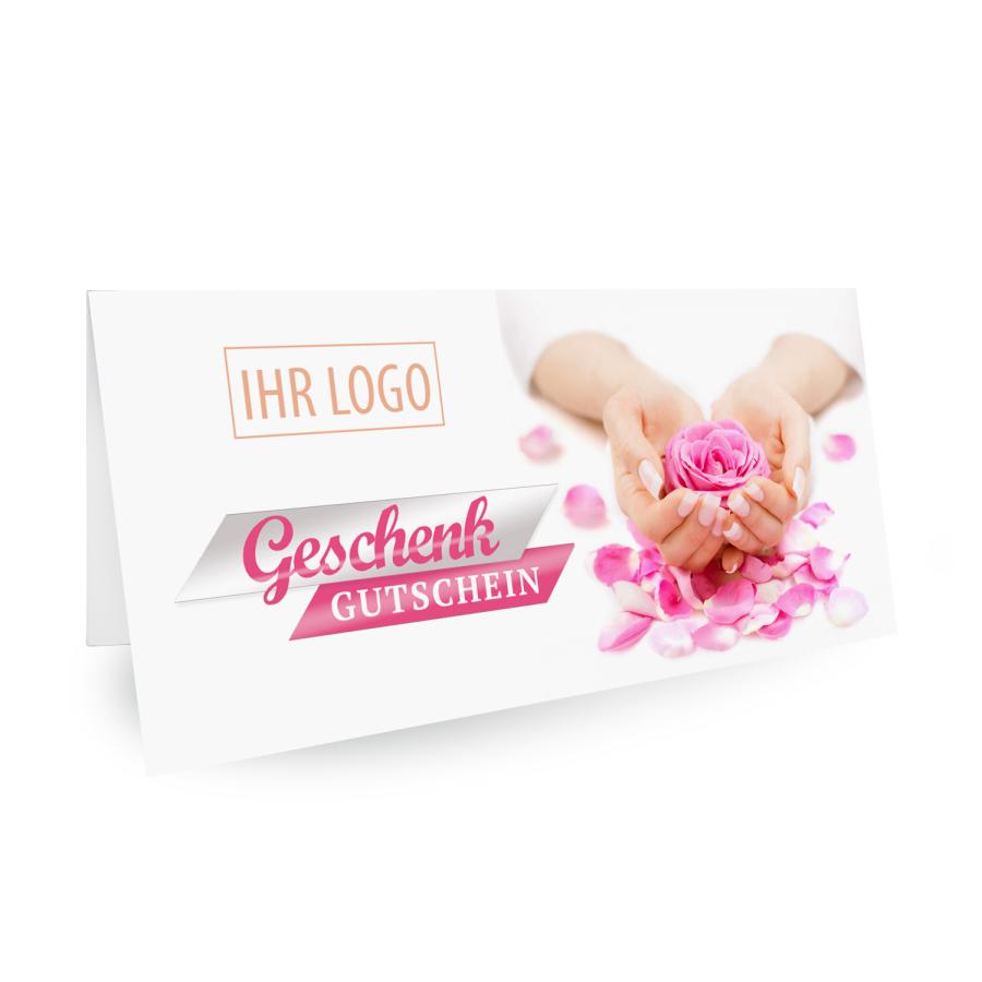 Geschenkgutschein Nagelstudio – klassische Klappkarte mit Händen, Rose und Logo