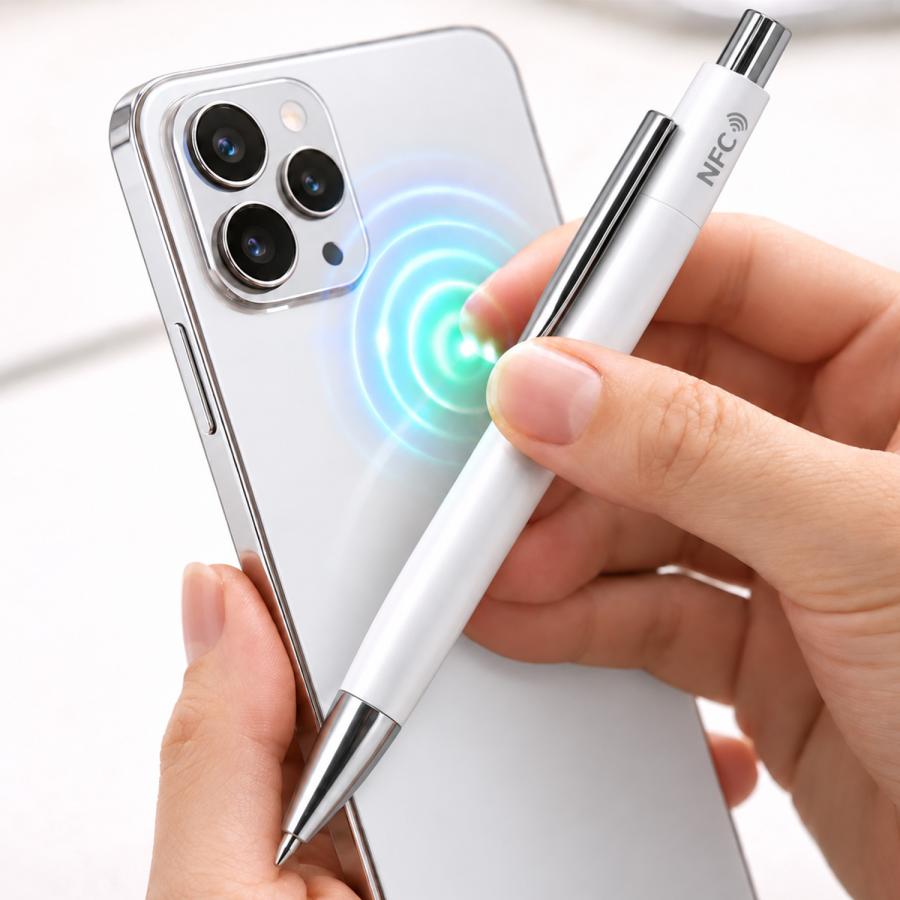 Werbekugelschreiber mit NFC-Chip wird zum Aufrufen digitaler Inhalte an ein Smartphone gehalten