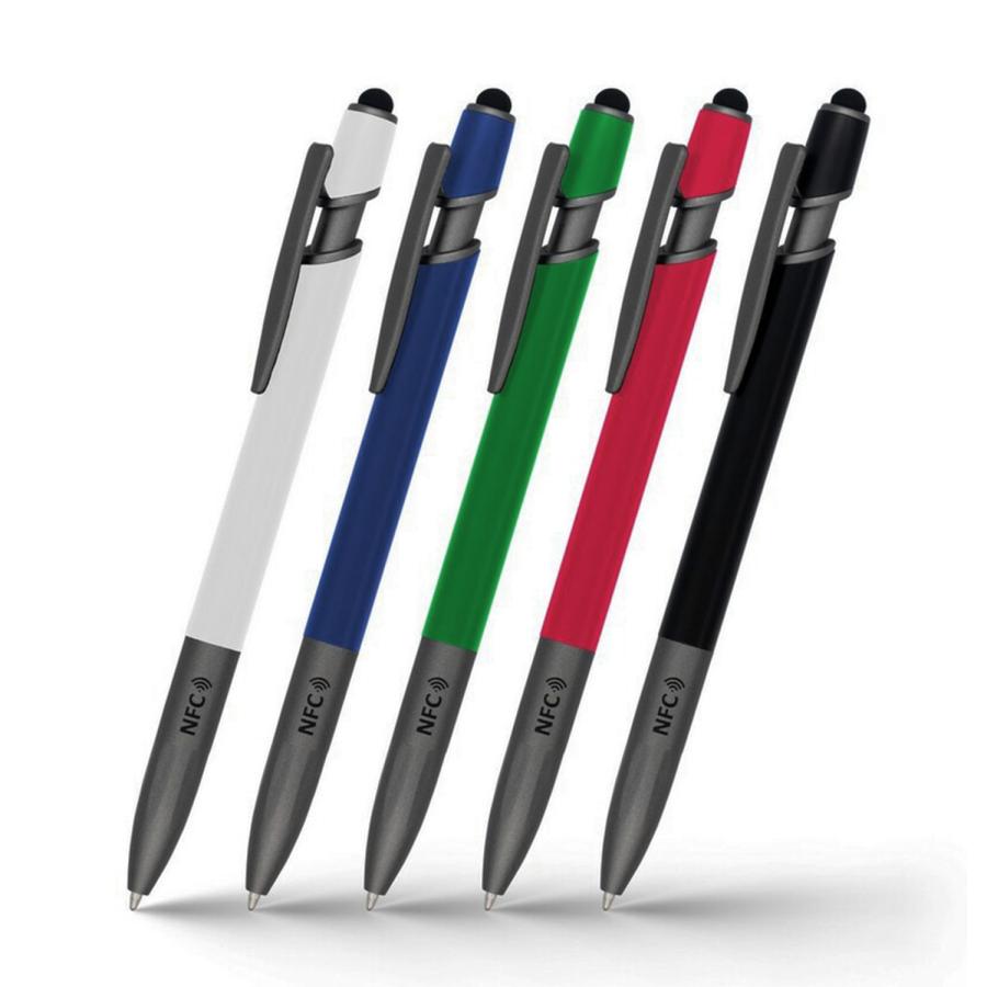 NFC Werbekugelschreiber mit Logo in Schwarz, Weiß, Rot, Grün und Blau