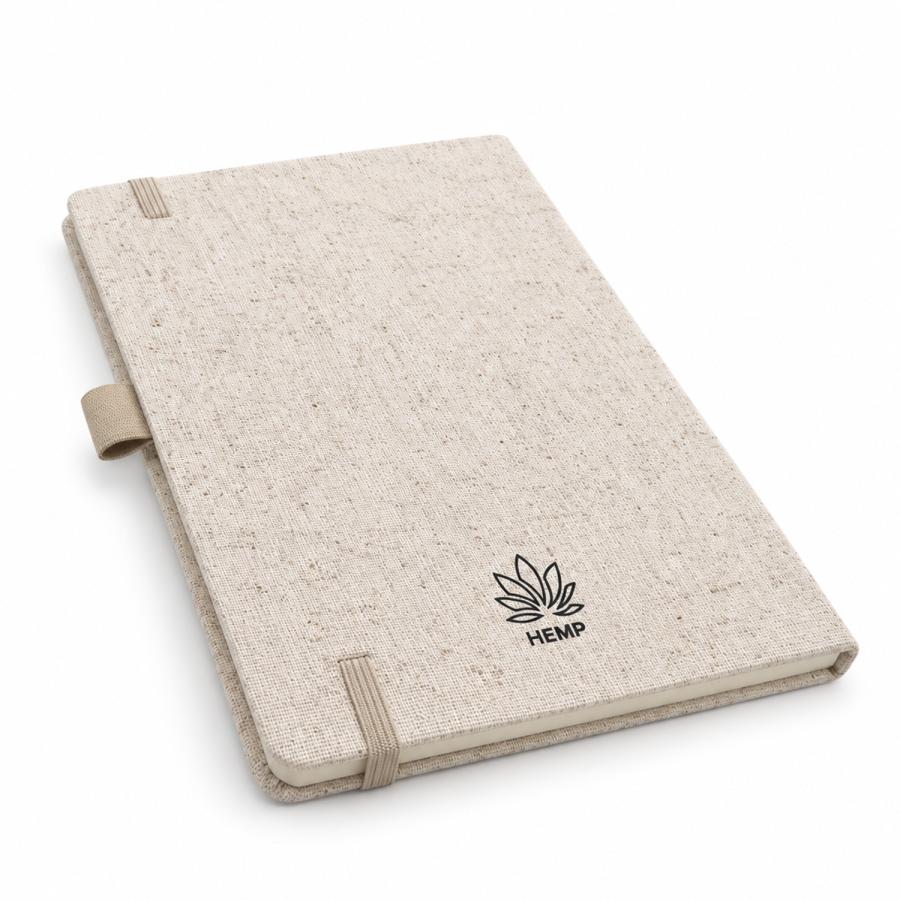 Notizbuch mit Hanf-Einband ca. A5 in neutraler Farbe mit Hanf-Symbol