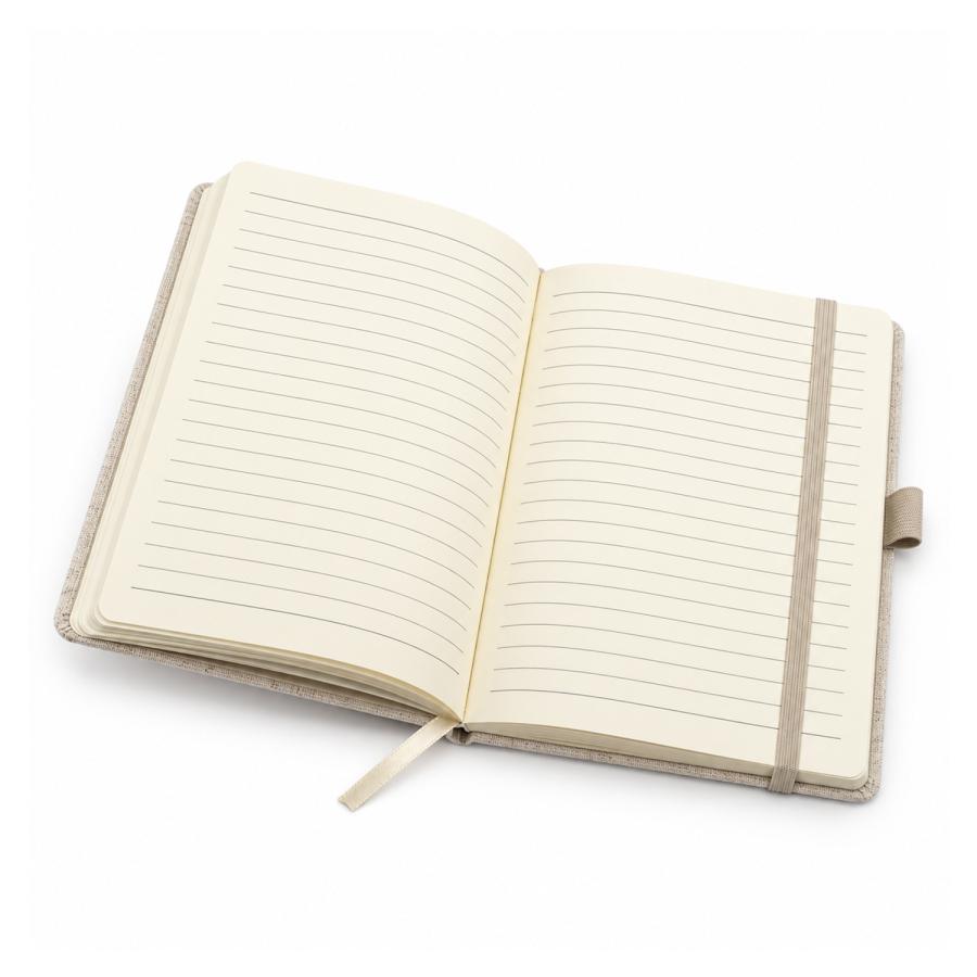 Geöffnetes Notizbuch mit Hanf-Einband ca. A5 und linierten Seiten
