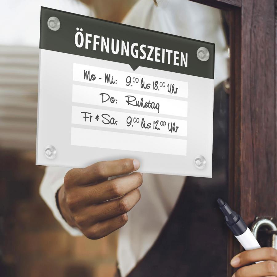 Öffnungszeitenschild für flexible Geschäfts- & Bürozeiten, Acrylglas beschreibbar,  A5 / A4 / A3