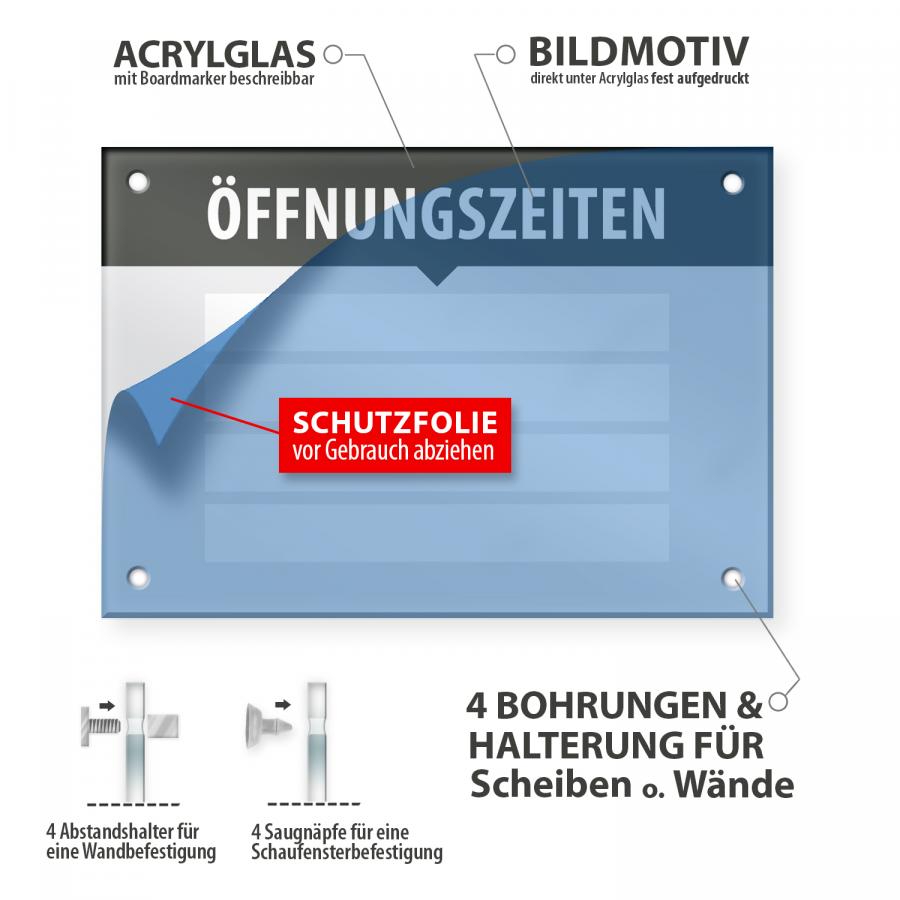 Technische Details zum Öffnungszeiten Schild A3 aus Acrylglas