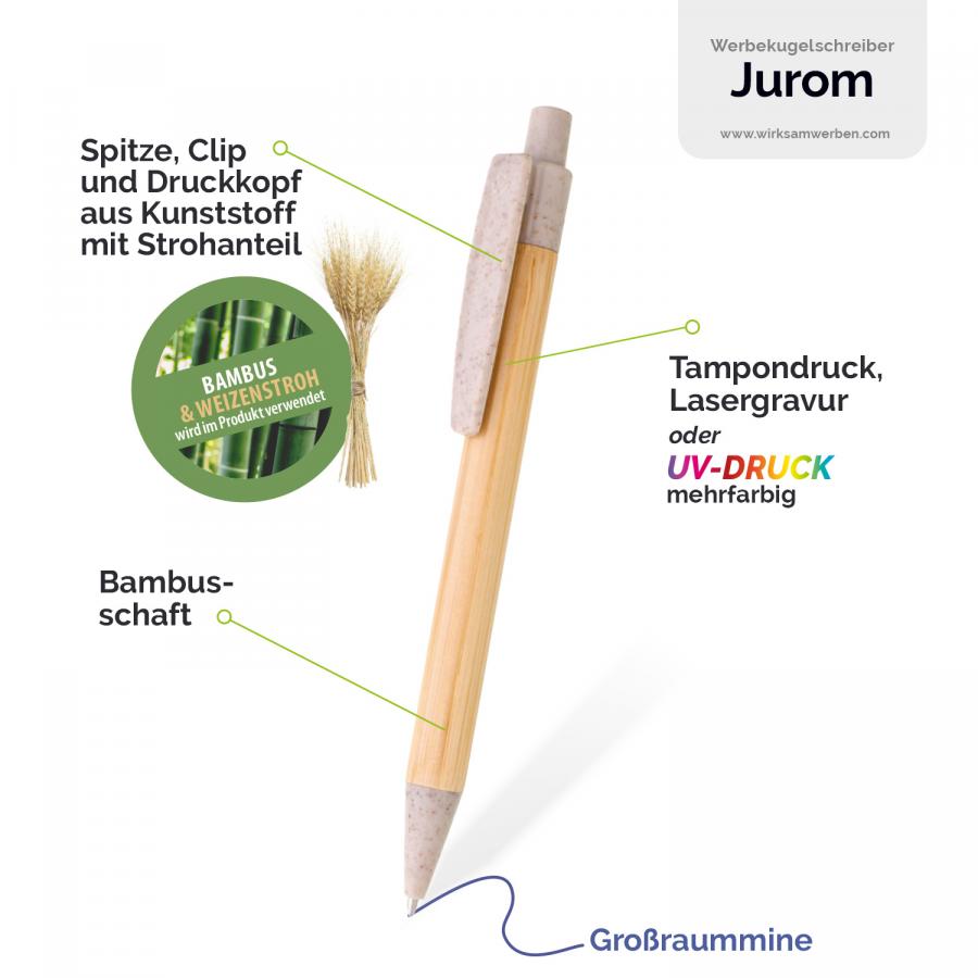 Öko Kugelschreiber mit Bambusschaft und Strohzubehör – umweltfreundlich und individuell bedruckbar.
