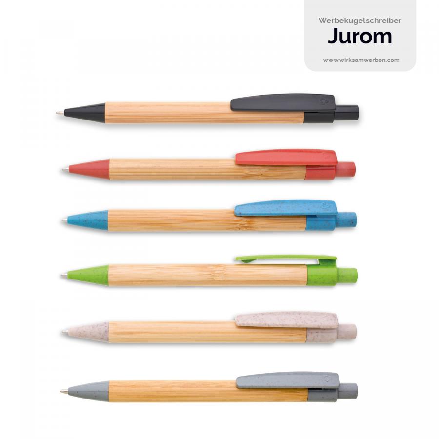 Öko Kugelschreiber JUROM – Farbvarianten in Rot, Blau, Hellgrün, Natur, Schwarz und Grau.