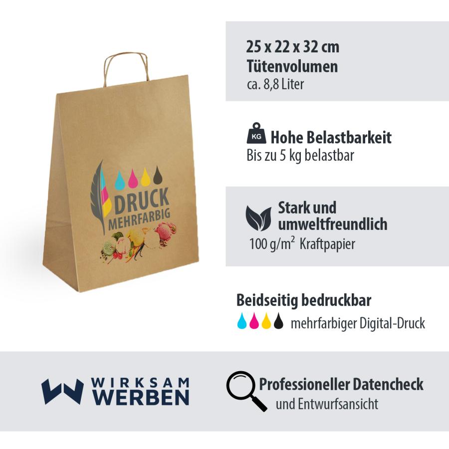 Papiertasche braun 25×11×32 – Digitaldruck CMYK, beidseitig bedruckbar, 100 g/m² Kraftpapier