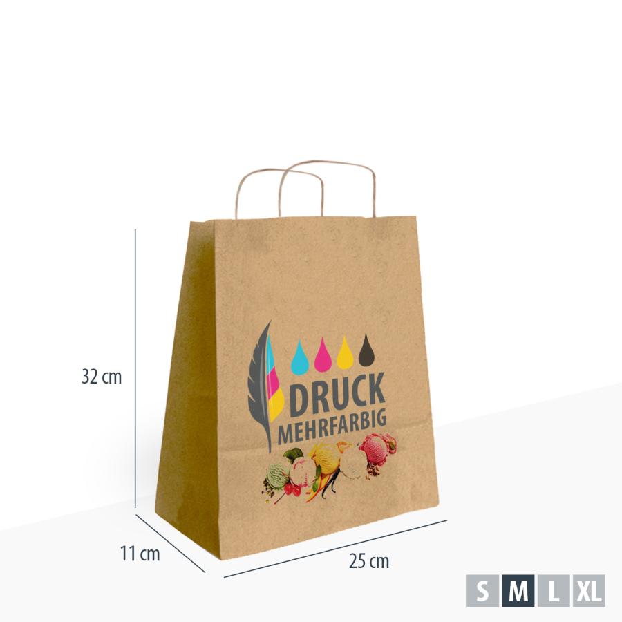 raune Papiertasche 25×11×32 cm – farbig bedruckt, Digitaldruck CMYK, mit Maßangaben