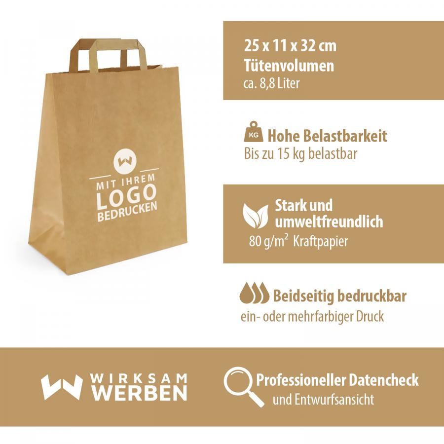 Artikeldetails der braunen Papiertasche günstig mit flachem Henkel, 25x11x32 cm Größe, hohe Belastbarkeit bis 15 kg, aus umweltfreundlichem 80 g/m² Kraftpapier, beidseitig individuell bedruckbar, inklusive professionellem Datencheck