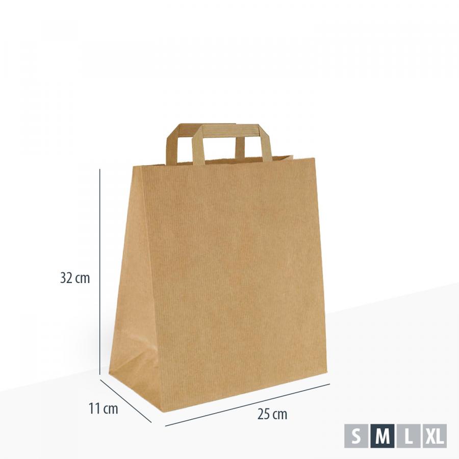 Unbedruckte braune Papiertasche günstig mit flachem Henkel, Maße 25x11x32 cm