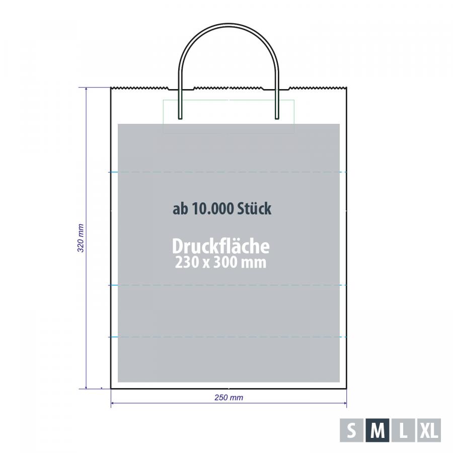 Papiertaschen weiß mit erweiterter Druckfläche ab 10.000 Stück – Druckfläche ca. 230 x 300 mm
