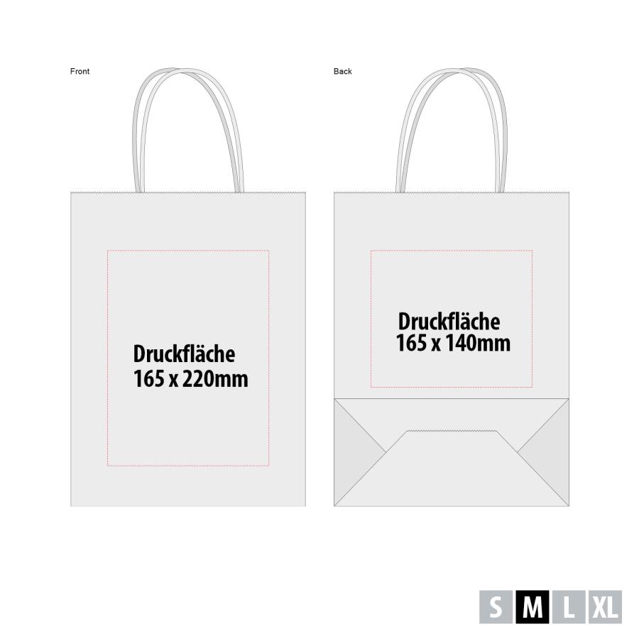 Druckflächen 25×11×32 cm: Front 165×220 mm, Rückseite 165×140 mm