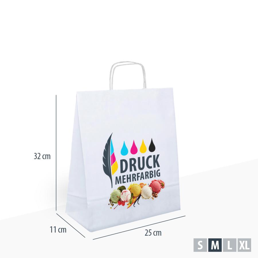 Weiße Papiertaschen 25×11×32 cm farbig bedruckt – Digitaldruck