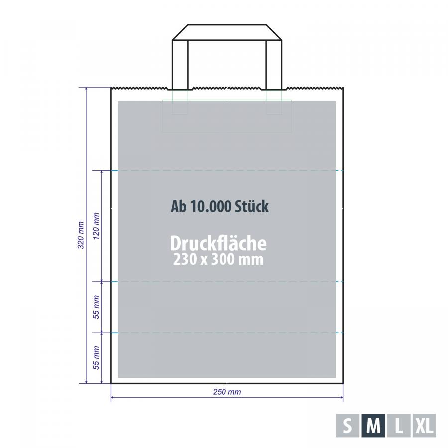Papiertaschen weiß günstig mit erweiterter Druckfläche ab 10.000 Stück – Druckfläche ca. 230 x 300 mm