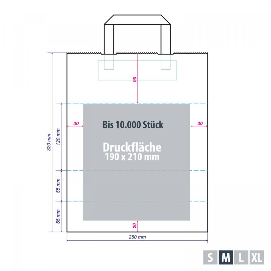 Papiertaschen weiß günstig mit bedruckbarer Fläche für Kleinauflagen – Druckfläche 190 x 210 mm