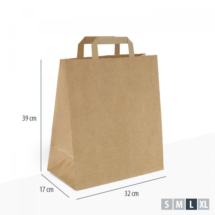 Unbedruckte Papiertragetaschen braun günstig mit flachem Henkel, Maße 32x17x39 cm