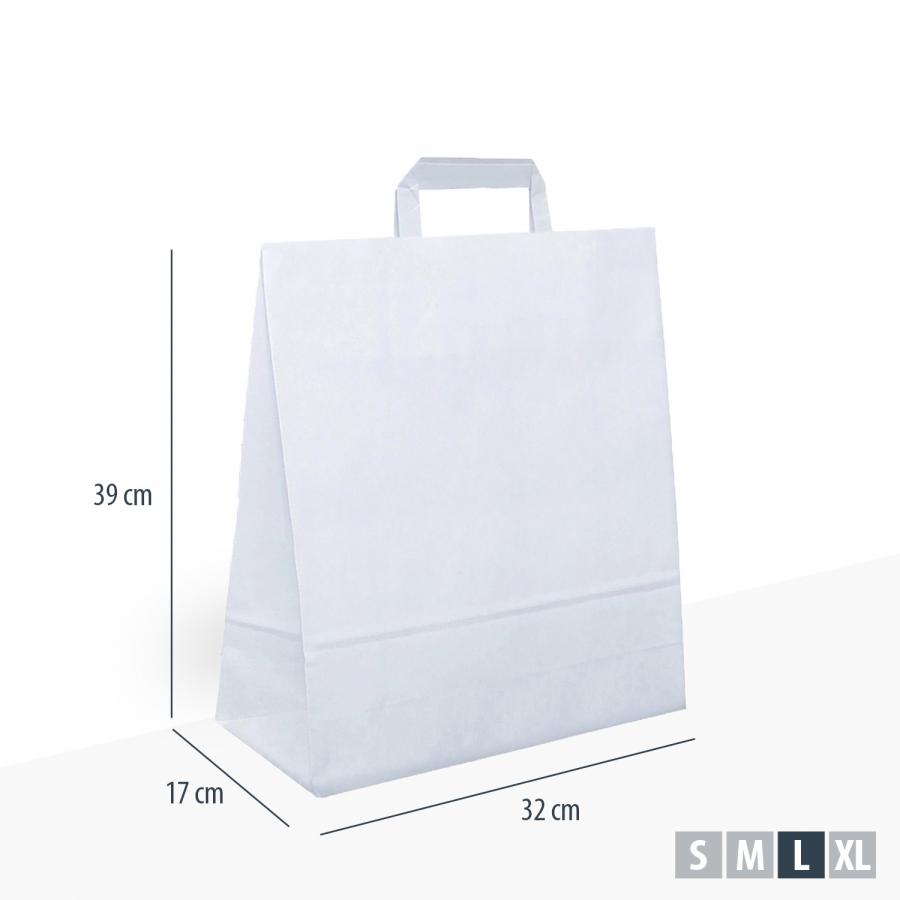 Große Papiertragetaschen weiß mit flachem Henkel, 21 Liter Volumen, Maße 32x17x39 cm
