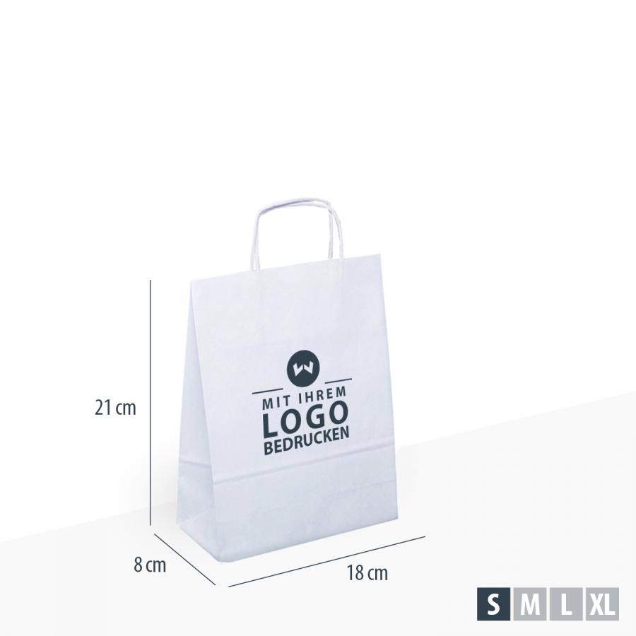 Weiße Papiertüte mit gedrehtem Henkel und individuell bedruckbarem Logo, Maße 18x8x21 cm