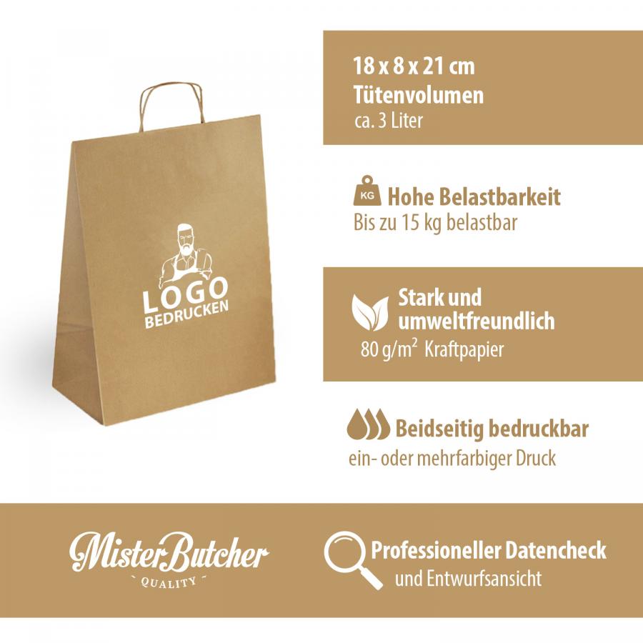 Artikeldetails der braunen Papiertüten mit Kordelgriff, 18x8x21 cm Größe, hohe Belastbarkeit bis 15 kg, aus umweltfreundlichem 80 g/m² Kraftpapier, beidseitig individuell bedruckbar, inklusive professionellem Datencheck