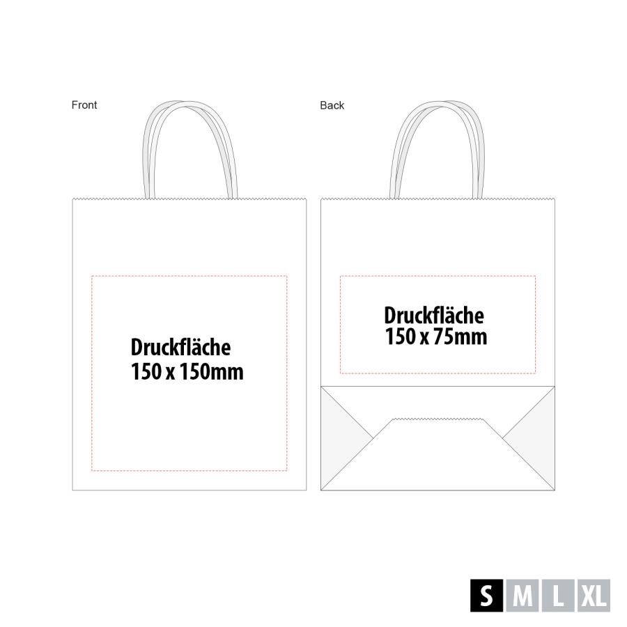 Druckfläche weiße Papiertüten 18×8×21 cm: vorne 150×150 mm, hinten 150×75 mm (Digitaldruck)