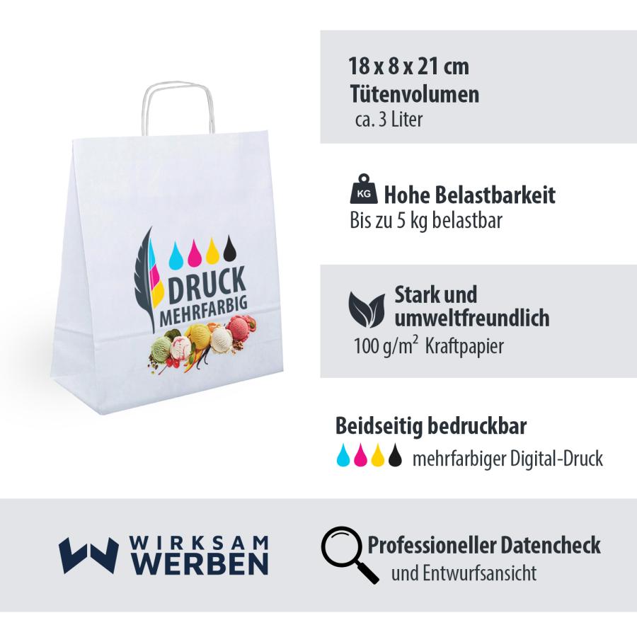 Vorteile: weiße Papiertüten mehrfarbig bedrucken – beidseitiger Digitaldruck, 18×8×21 cm