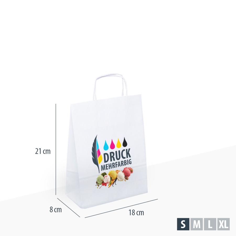 Weiße Papiertüten mehrfarbig bedrucken, 18×8×21 cm, Beispiel mit Logo und Fotodruck