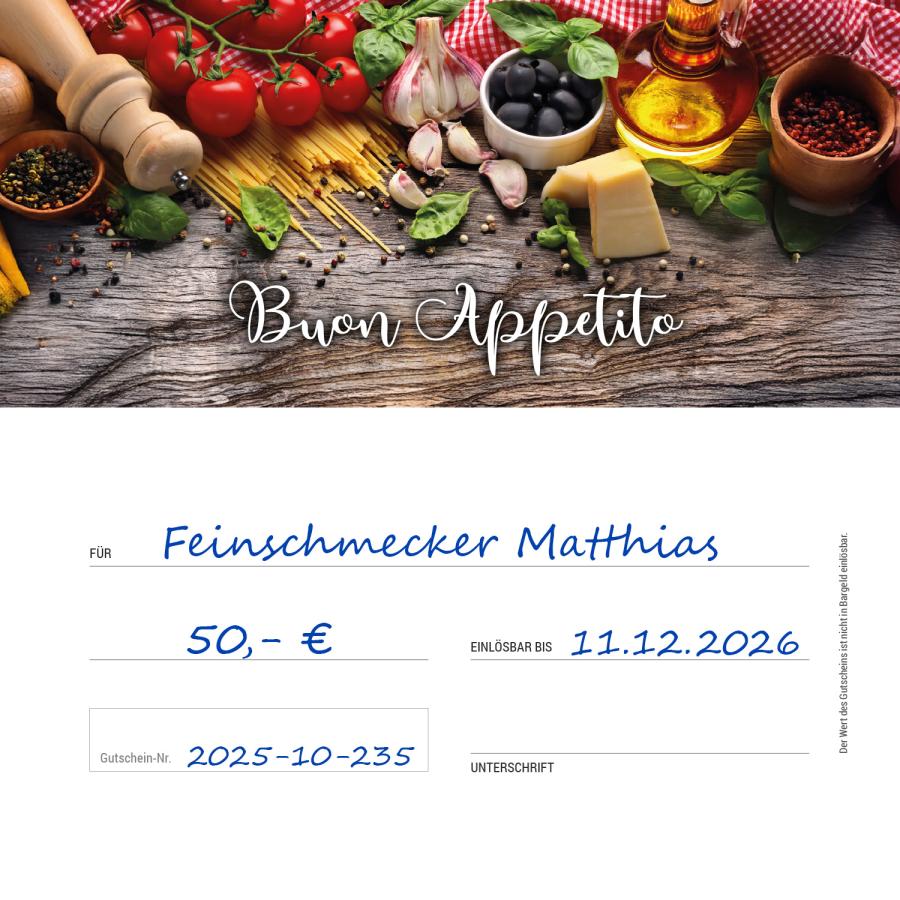 Innenansicht Geschenkgutschein Pizzeria mit Feldern für Name, Wert, Datum und Unterschrift