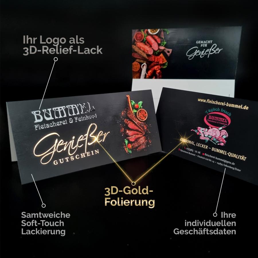 Detail: Logo mit 3D-Relieflack und Goldfolie auf Soft-Touch