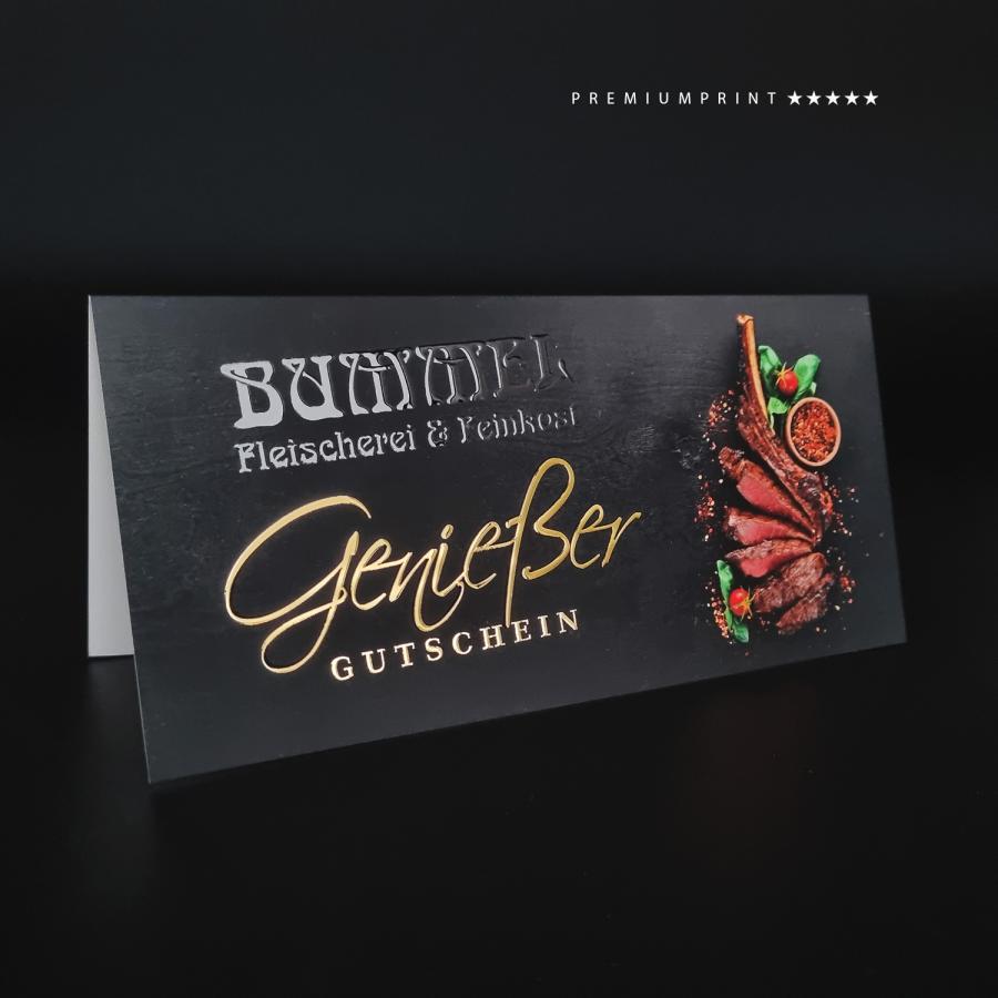 Premium Geschenk-Gutschein Metzgerei mit Soft-Touch, Goldfolie und Relieflack