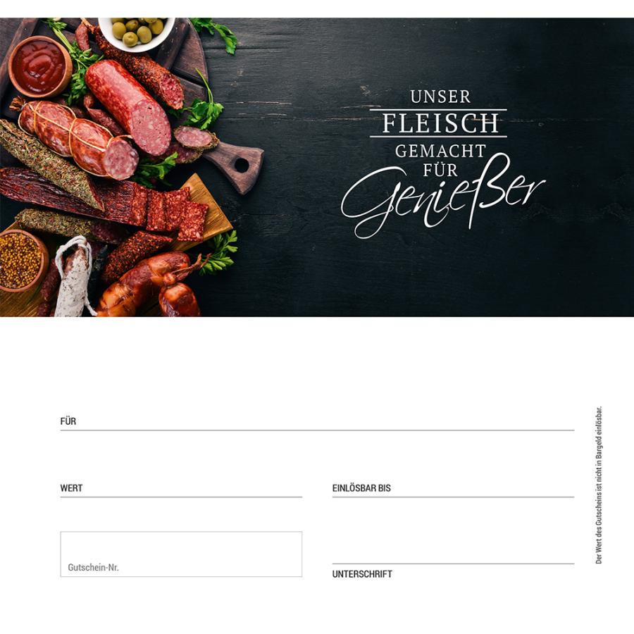 Innenseite Premium-Geschenk-Gutschein Metzgerei mit Fleisch- und Wurstspezialitäten, Claim ‚Unser Fleisch – gemacht für Genießer‘ und vorbereiteten Freifeldern für Betrag, Datum und Unterschrift