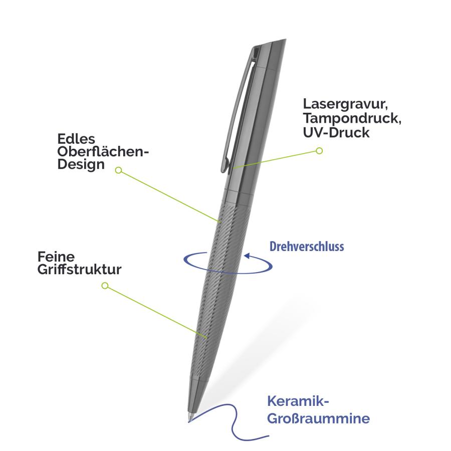 Premium Kugelschreiber mit Keramik-Großraummine, edler Oberfläche und Griffstruktur