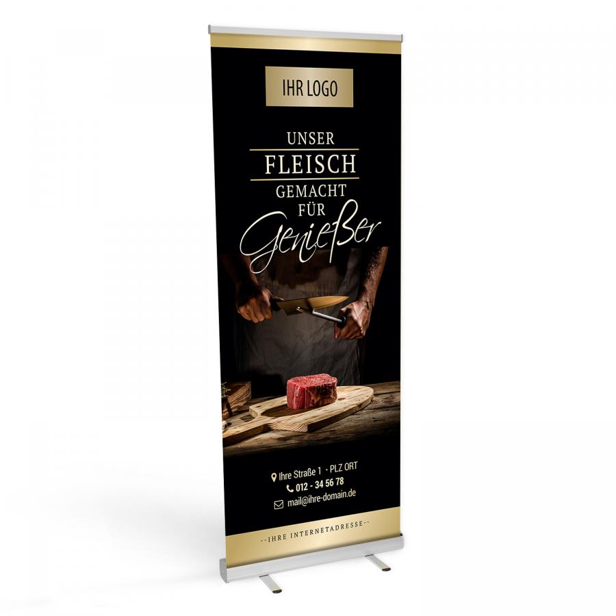 Roll-up Banner für Fleischer und Metzger, bedruckt mit Logo und Motiv „Unser Fleisch – Gemacht für Genießer“