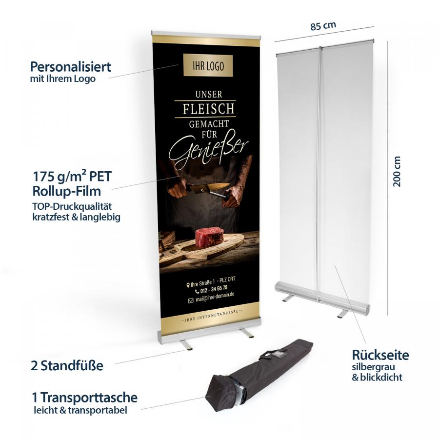 Produktdetails des Roll-up Banners für Fleischer und Metzger – Material, Maße, Transporttasche und Standfüße