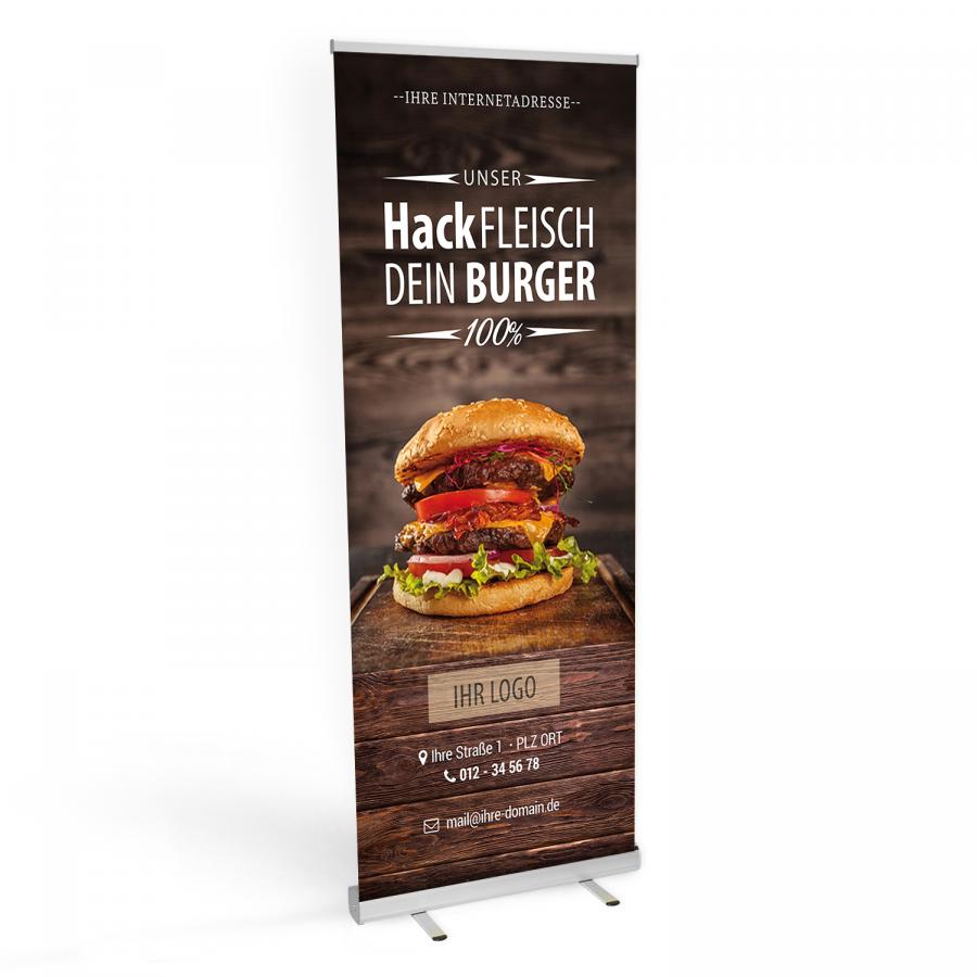 Roll-up Banner für Metzger und Fleischer mit Hackfleisch-Motiv – Doppel-Burger mit frischen Zutaten