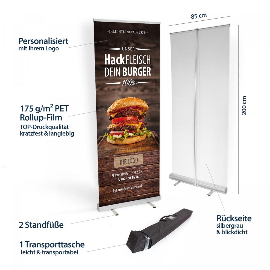 Produktdetails des Roll-up Banners für Metzger und Fleischer – Hackfleisch, Burger-Patties, Material, Maße und Transporttasche