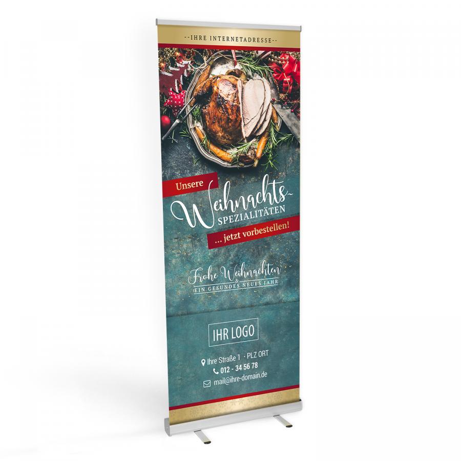 Roll-up Banner für Metzger und Fleischer mit Weihnachts-Spezialitäten – Geflügel, Truthahn, Pute, Weihnachtsbraten