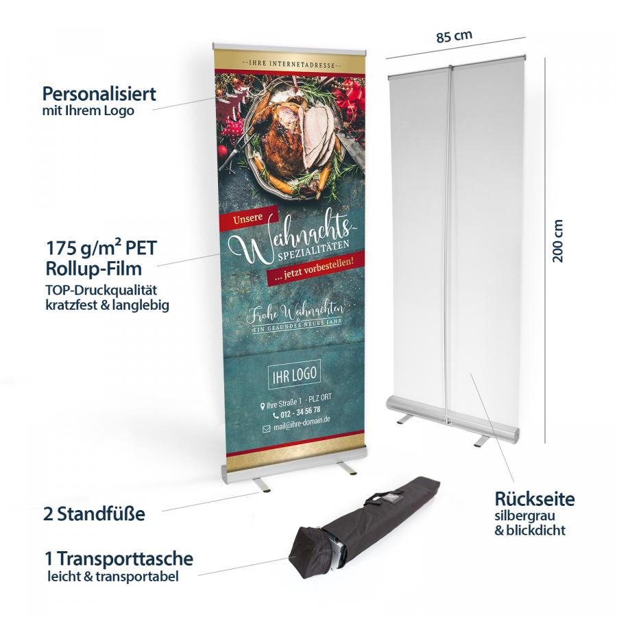 Produktdetails des Roll-up Banners für Metzger und Fleischer – Weihnachts-Spezialitäten, Geflügel, Material, Maße und Transporttasche