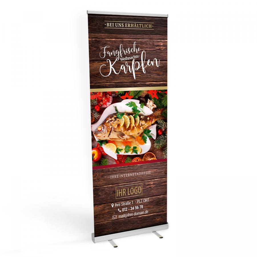 Roll-up Banner für Metzger und Fleischer mit Weihnachtskarpfen – Fangfrischer Karpfen für Weihnachten