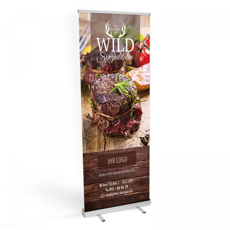 Roll-up Banner für Metzger und Fleischer mit Wildfleisch-Motiv – Wildspezialitäten auf rustikalem Holz
