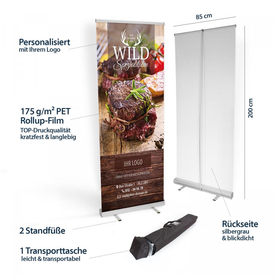 Produktdetails des Roll-up Banners für Metzger und Fleischer – Wildspezialitäten, Material, Maße und Transporttasche