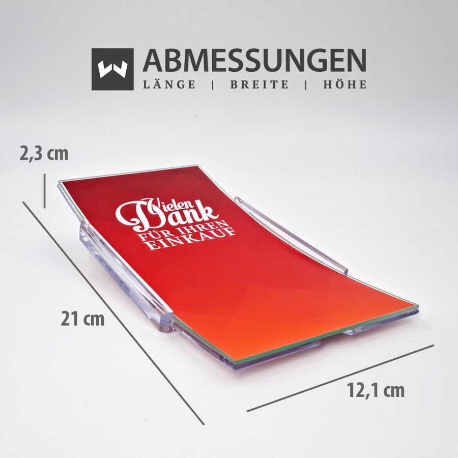 Artikelmaße Zahlteller mit Glasfläche, rot bedruckt