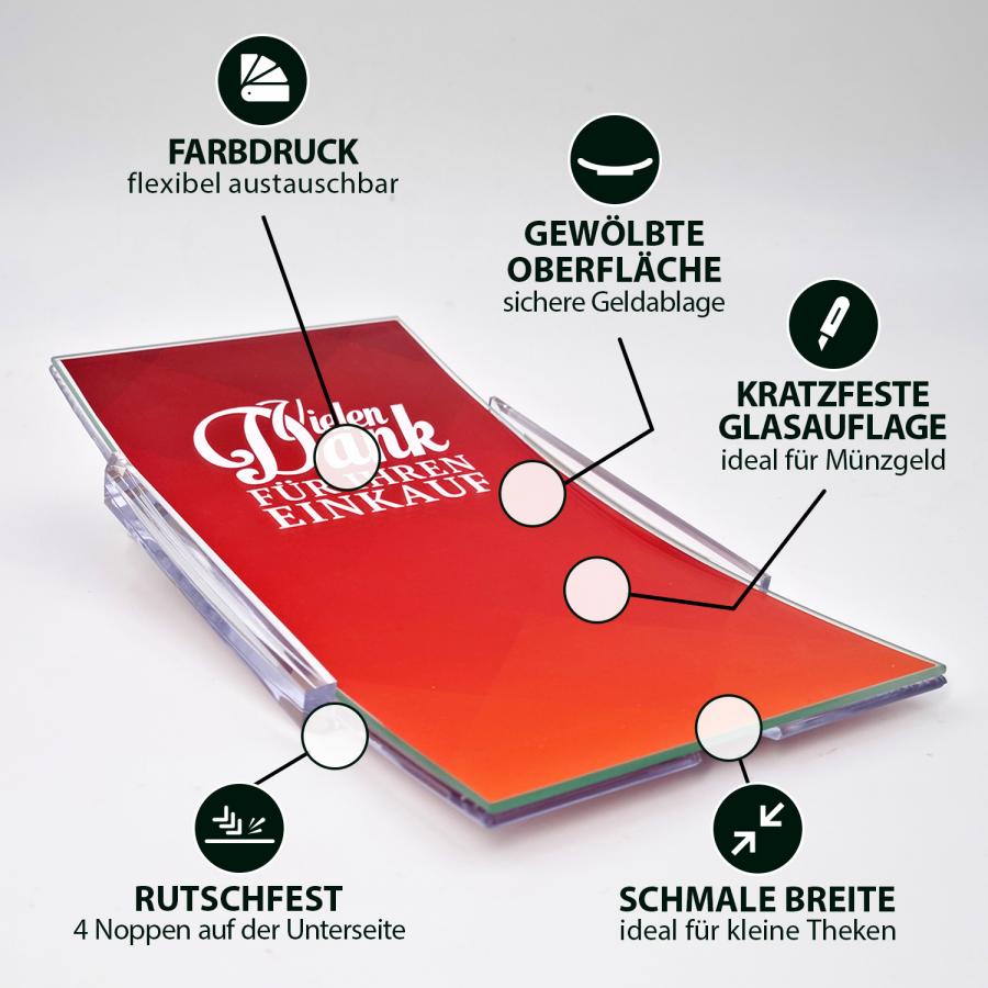 Artikeldetails Zahlteller mit Glasfläche, rot bedruckt