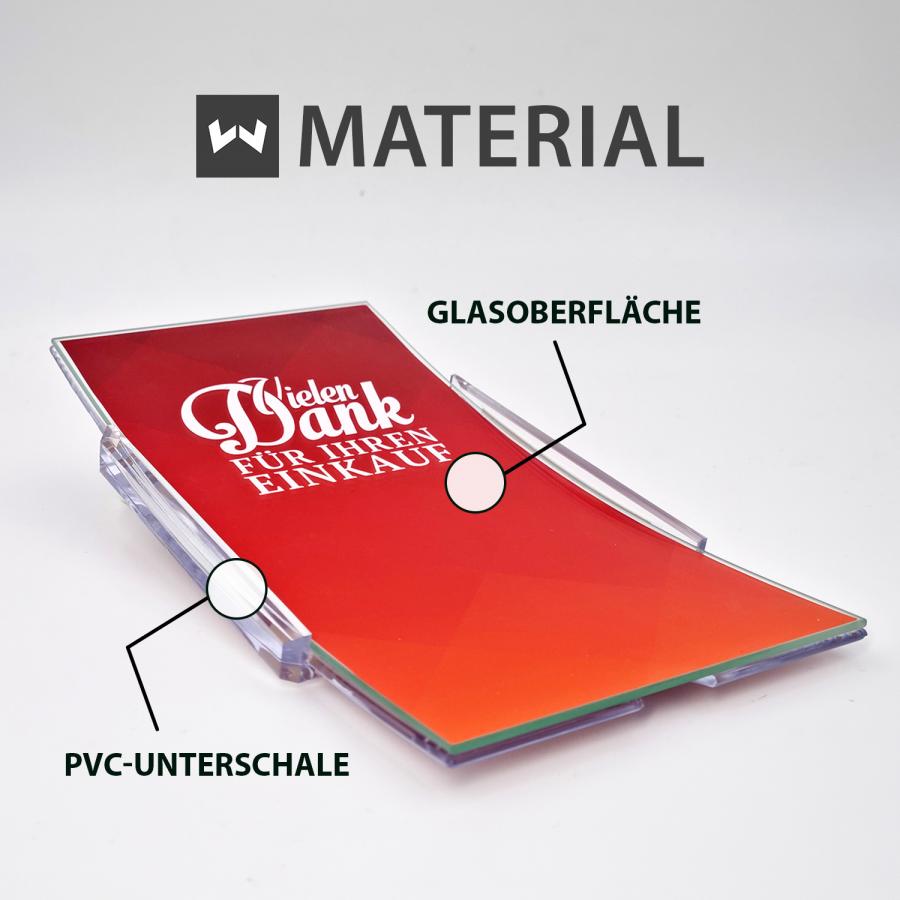 Artikeldetails Zahlteller mit Glasfläche, rot bedruckt