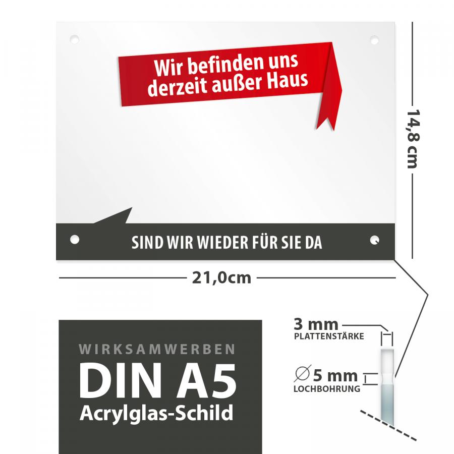 Maße und Verarbeitung des Schilds „Bin gleich wieder da“, beschreibbar mit Saugnäpfen