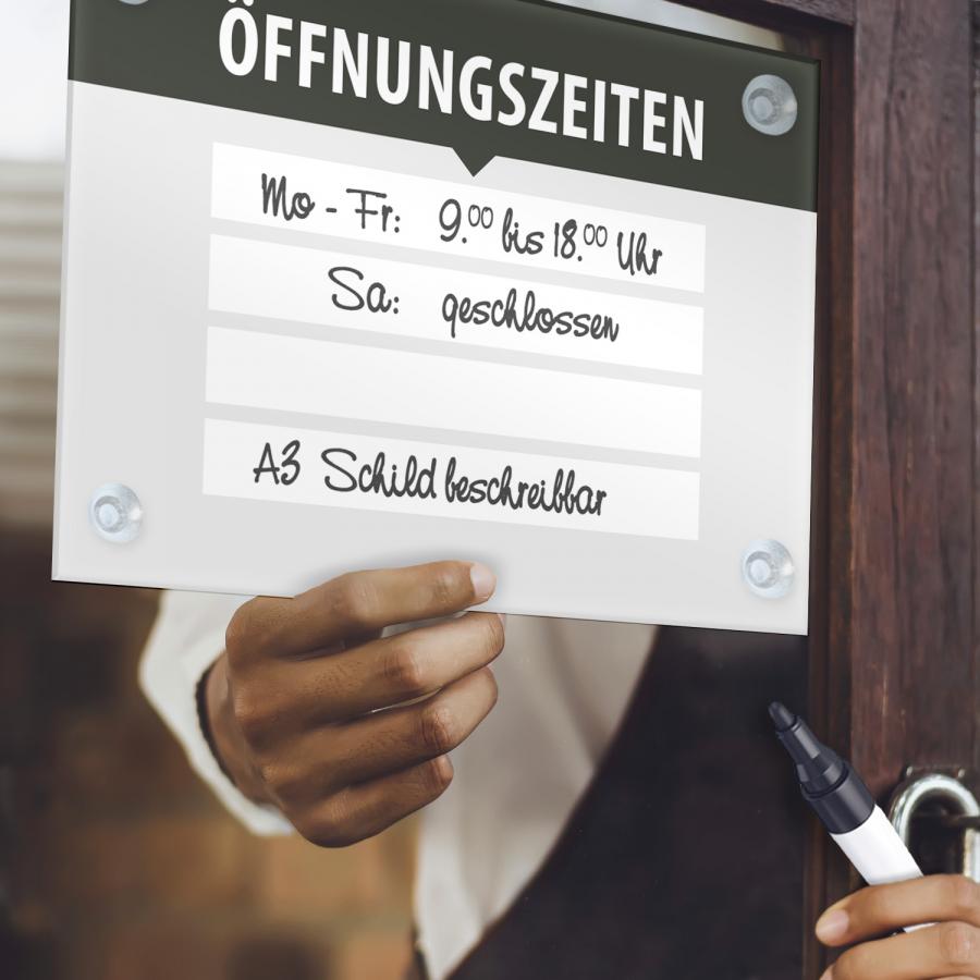 Flexibles Öffnungszeiten Schild A3 aus Acrylglas mit Saugnäpfen