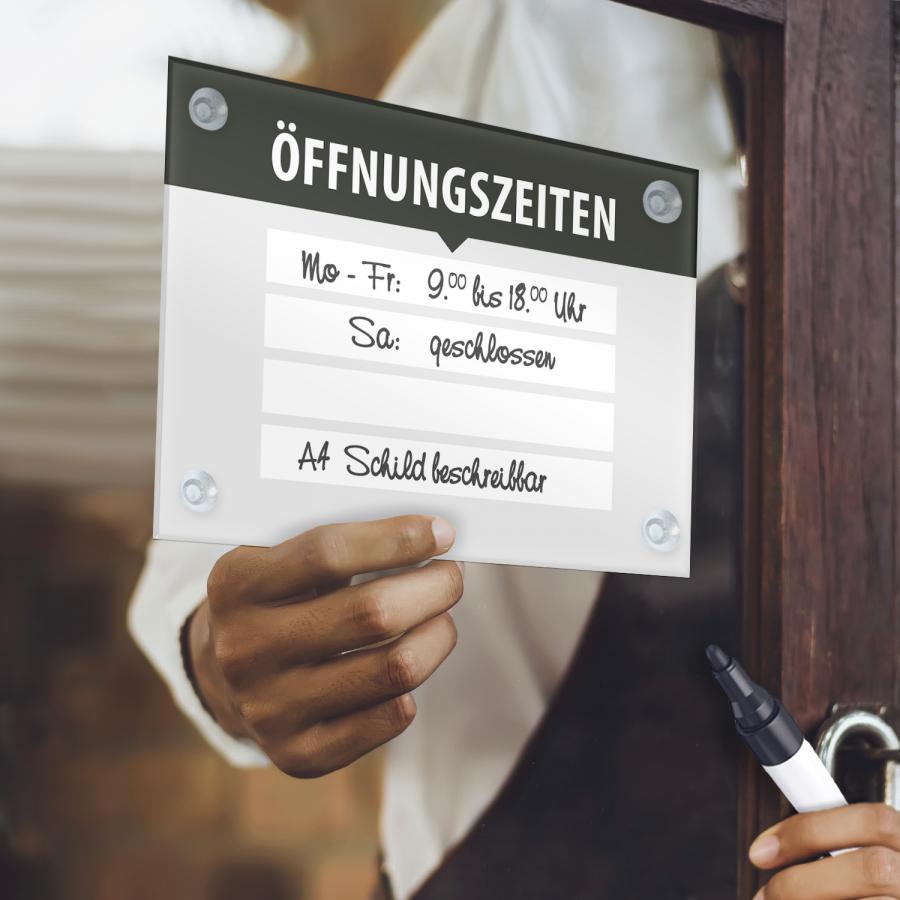 Öffnungszeiten Schild A4 mit Saugnäpfen aus Acrylglas – direkt am Fenster beschriften