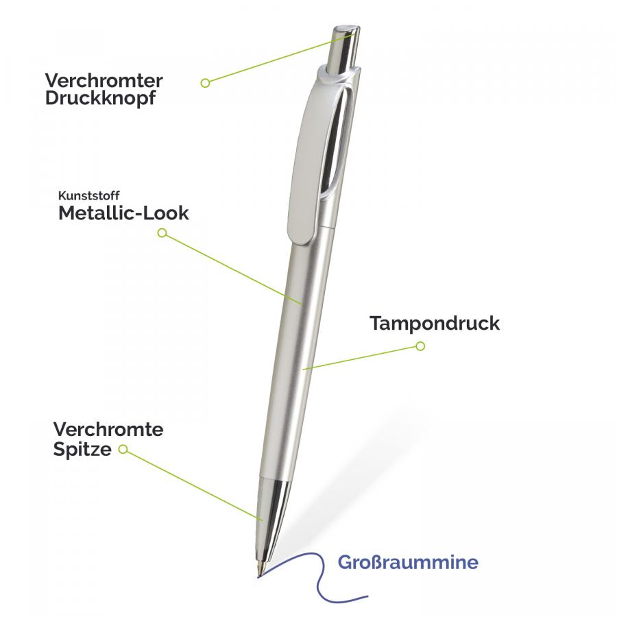 Detailansicht des Werbekugelschreibers mit verchromtem Druckknopf und Metallic-Look.