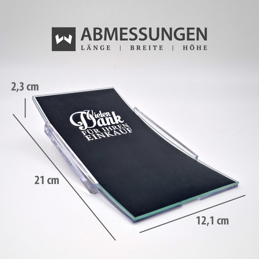 Artikelmaße Zahlteller mit Glasfläche, schwarz bedruckt