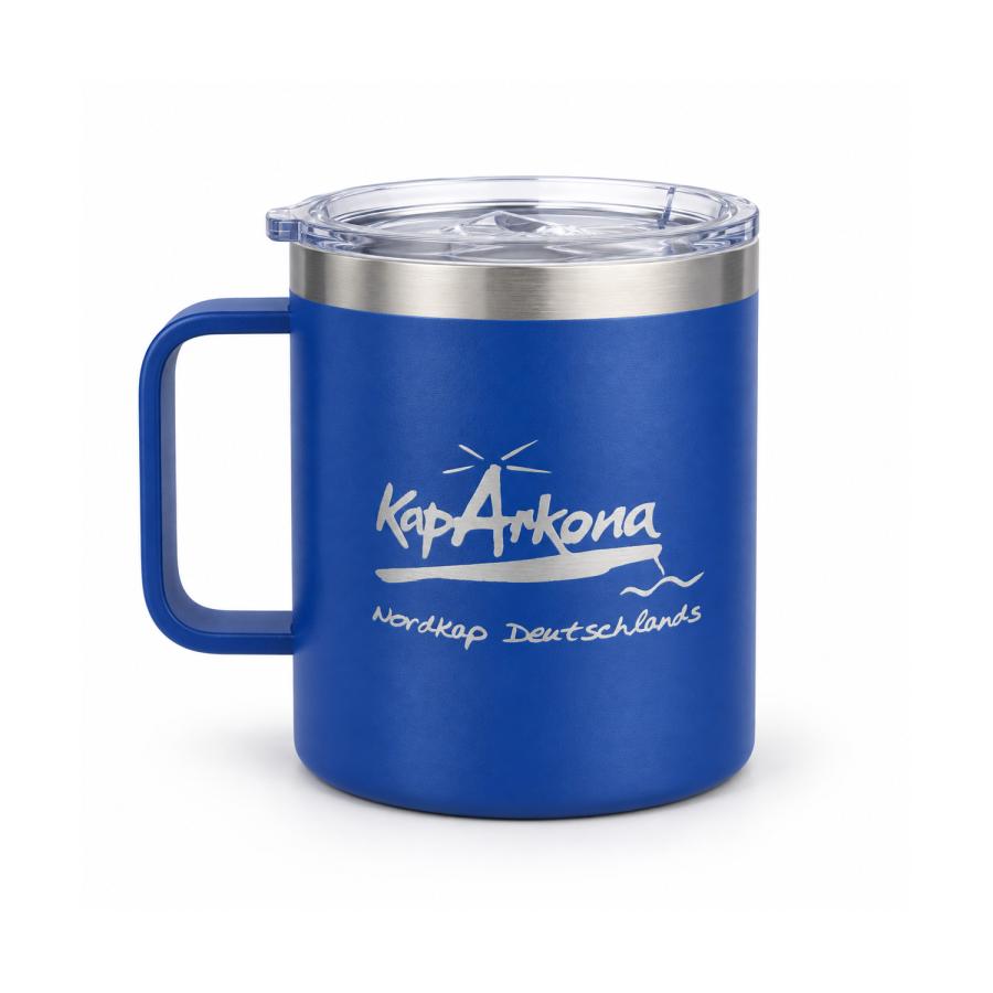 Royalblauer Thermobecher mit Deckel und Lasergravur als Referenzbeispiel