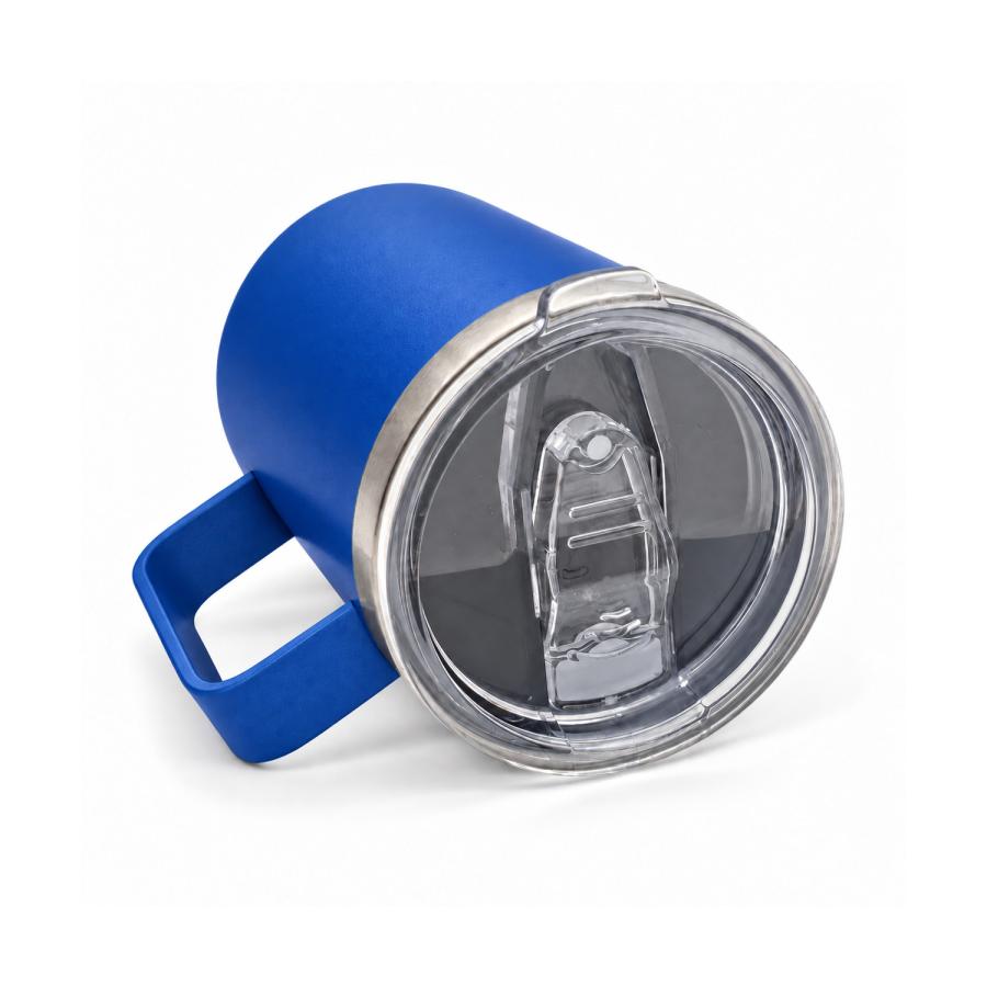 Royalblauer Thermobecher mit transparentem Deckel und verschließbarer Trinköffnung