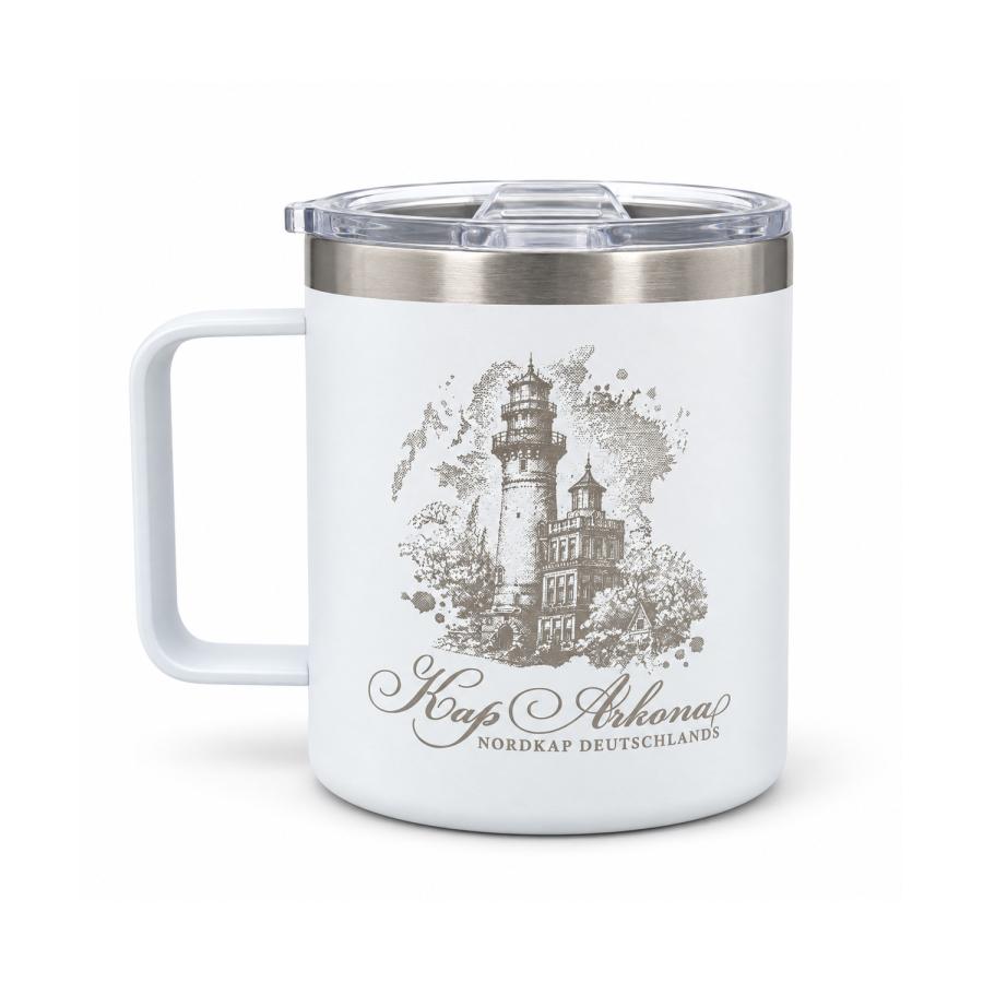 Weißer Thermobecher mit Deckel und Lasergravur als Referenzbeispiel